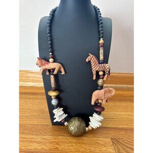 Vintage Safari Animal Themed Beaded Necklace With Brass Sphere Pendant Fetish